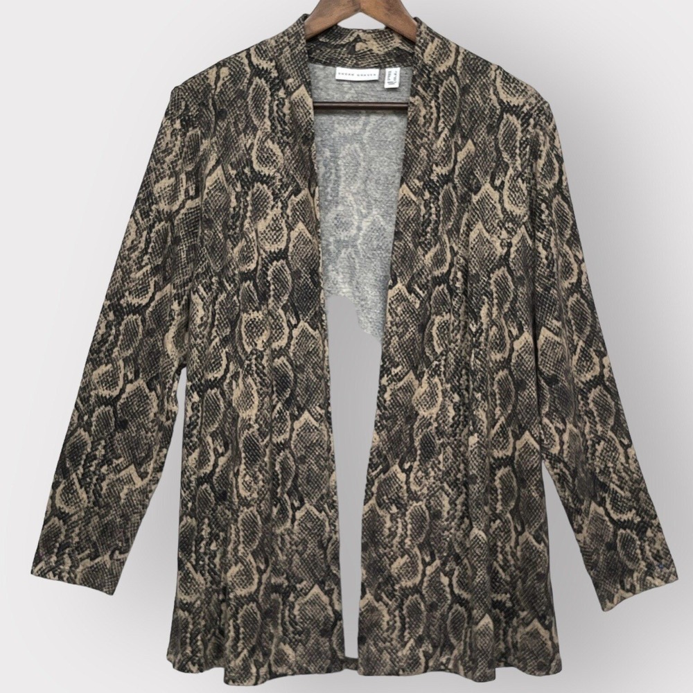 Susan Graver Cardigan Women Large Brown Snakeskin Open Front Stretch Excellent